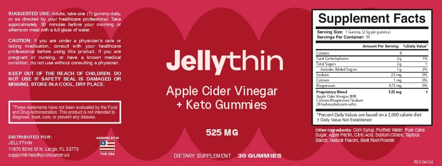 JellyThin label with Supplement Facts: 525 mg proprietary blend of apple cider vinegar and BHB calcium, magnesium and sodium salts per gummy, 30 gummies per bottle